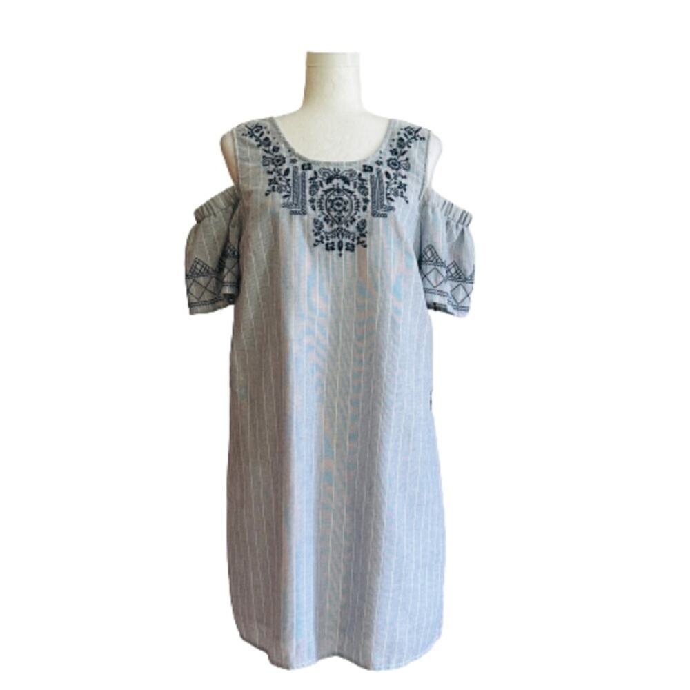 Knox Rose Dress Blue White Stripe Embroidered Short Sleeve Boho Shift Medium NEW